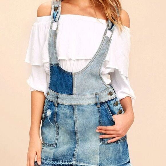 Free People Pants - Free People Patchwork Blues Blue Denim Pinafore Dress Size 2